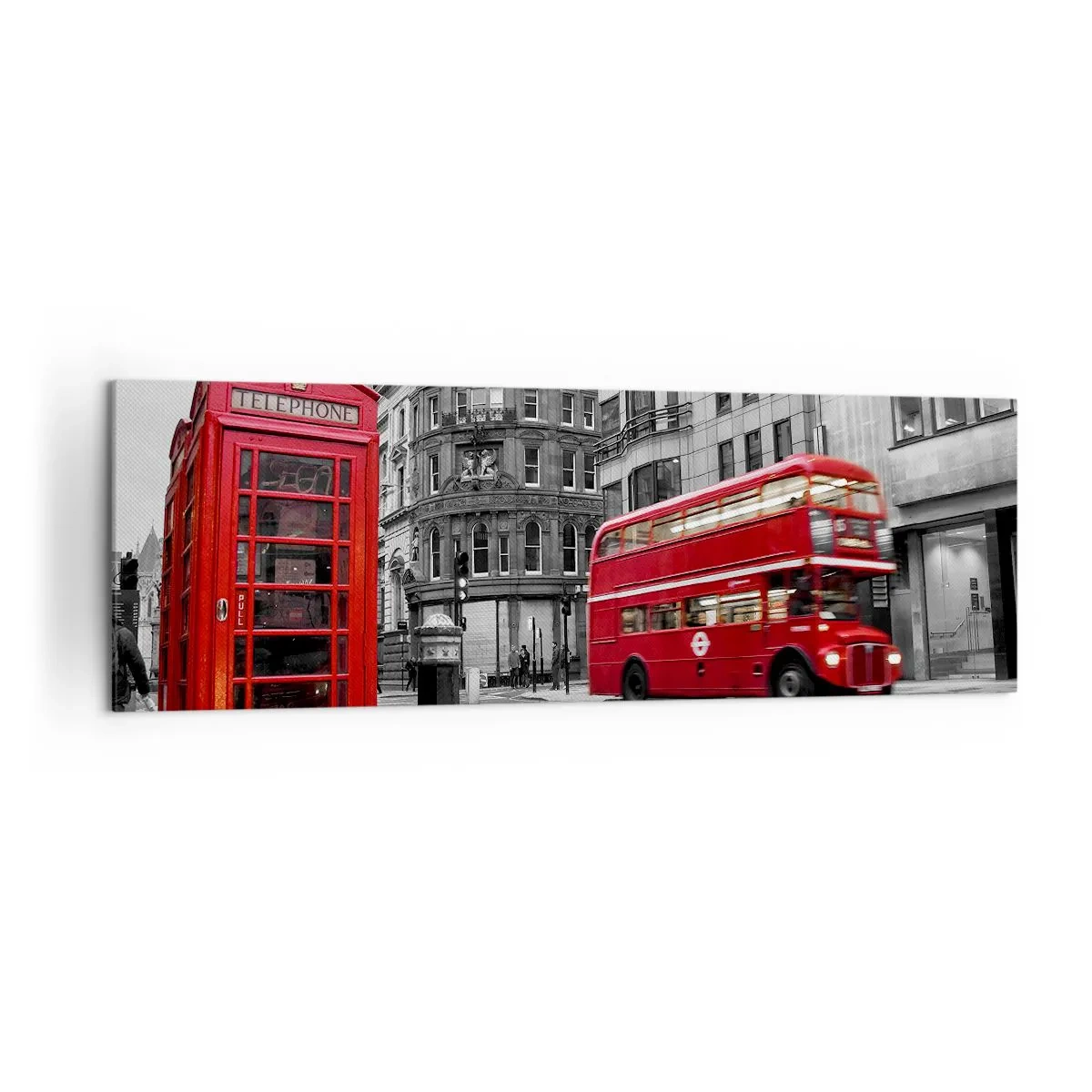 Impression sur toile - Image sur toile - Une cabine téléphonique rouge et un bus à impériale à Londres avec la ville en arrière-plan - 160x50cm - Le plus rouge d'Europe - Décoration murale moderne pour le salon et la chambre ARTTOR