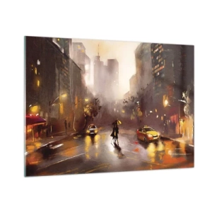 Impression sur verre - Image sur verre - Ville la nuit sous la pluie avec des taxis et la silhouette d'un couple - 100x70cm - Dans les lumières de New-York - Décoration murale moderne pour le salon et la chambre ARTTOR