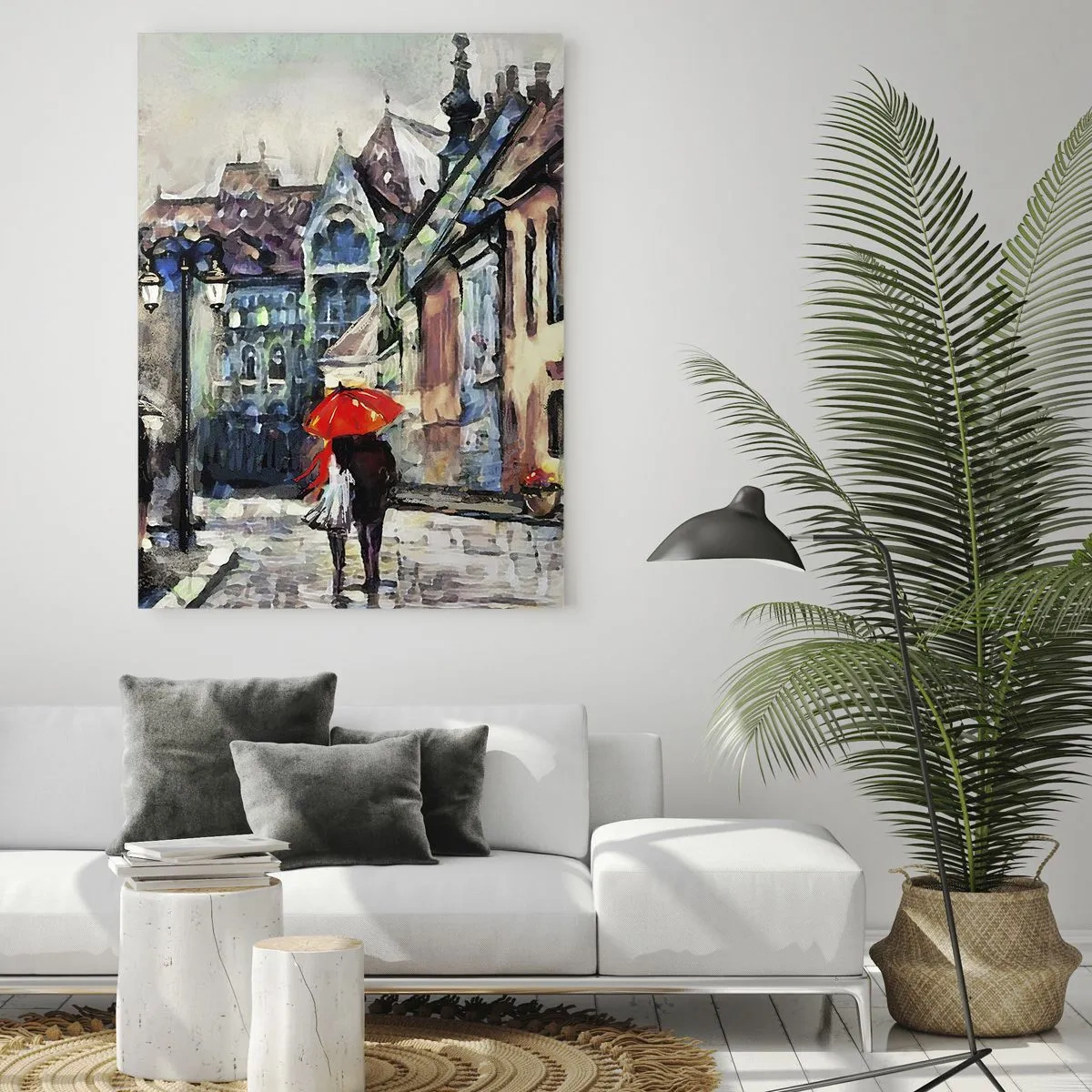 Impression sur verre - Image sur verre - Un couple sous un parapluie rouge se promenant dans une rue pittoresque - 50x70cm - Pluie pour deux - Décoration murale moderne pour le salon et la chambre ARTTOR