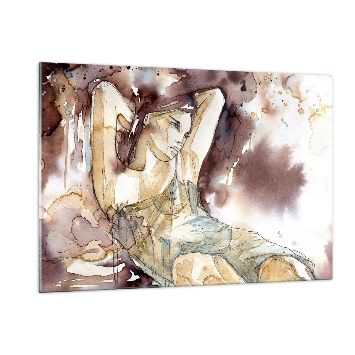 Impression sur verre - Image sur verre - Femme sensuelle dans une aquarelle artistique aux tons sépia - 120x80cm - D'humeur lilas - Décoration murale moderne pour le salon et la chambre ARTTOR