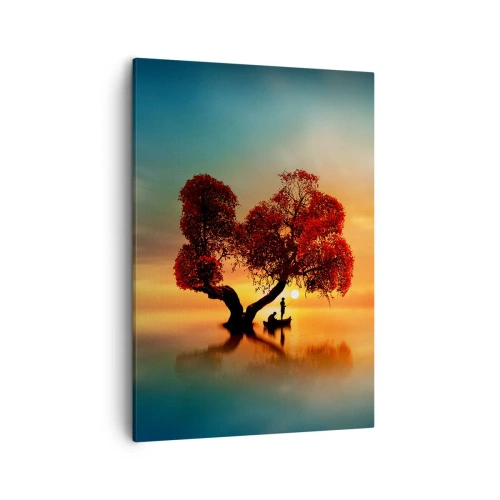 Impression sur toile - Image sur toile - Un arbre à feuilles rouges et un bateau sur l'eau au coucher du soleil - 50x70cm - Plénitude et éloignement sans monde - Décoration murale moderne pour le salon et la chambre ARTTOR