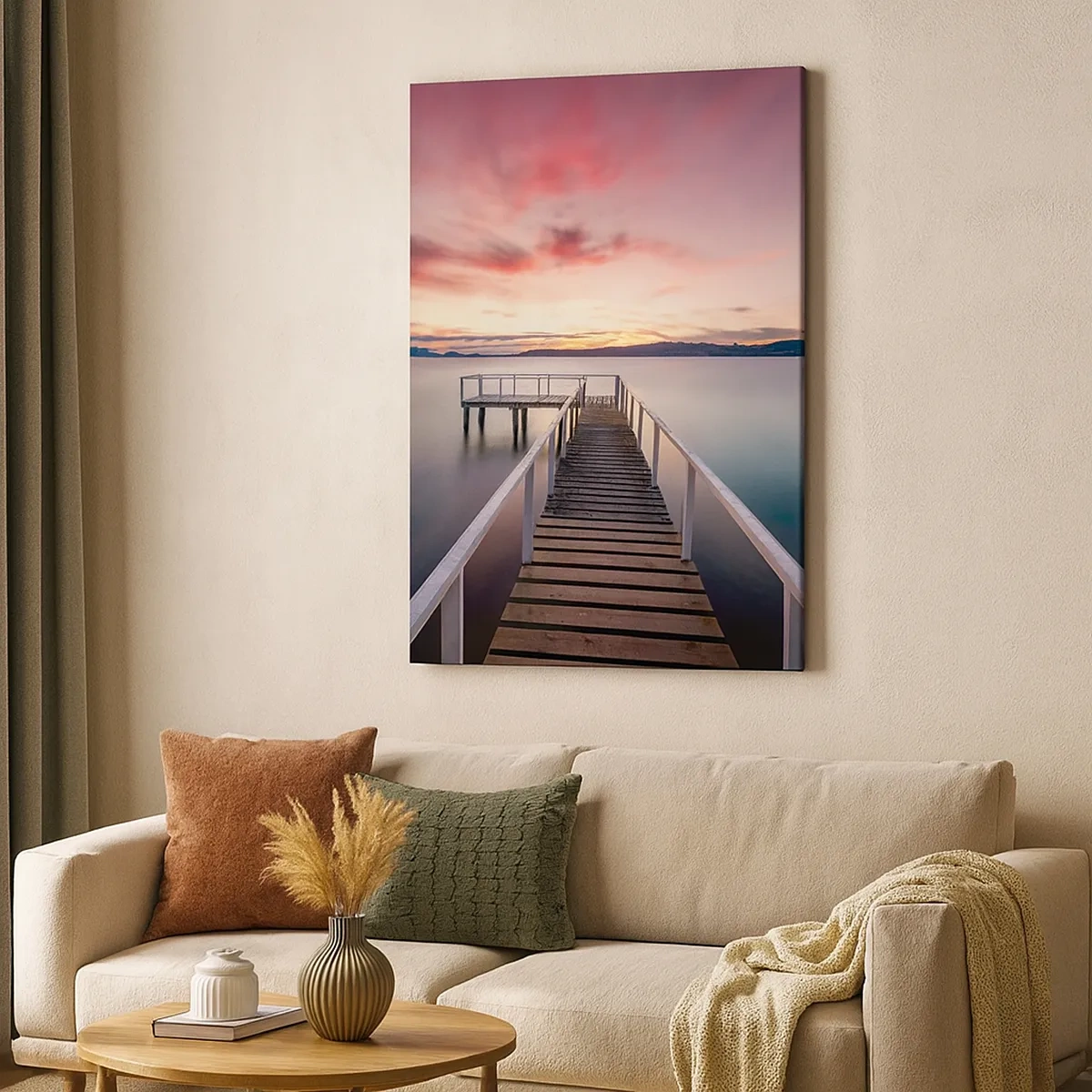 Impression sur toile - Image sur toile - Une jetée menant à un lac tranquille au coucher du soleil - 50x70cm - La douce flamme du soir - Décoration murale moderne pour le salon et la chambre ARTTOR