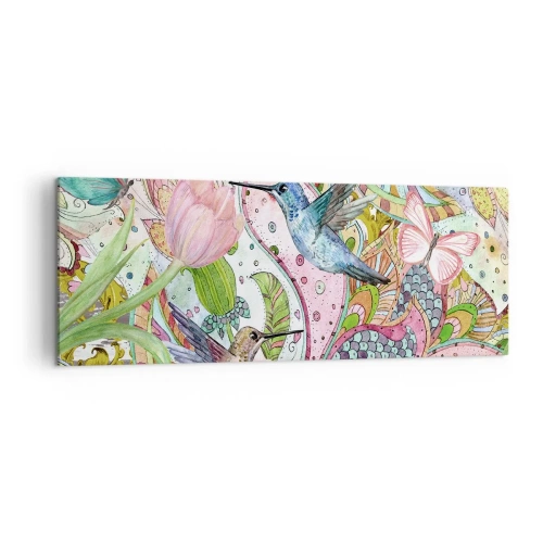 Impression sur toile - Image sur toile - Colibris et papillons colorés parmi les plantes - 140x50cm - Empêtré dans les vignes - Décoration murale moderne pour le salon et la chambre ARTTOR
