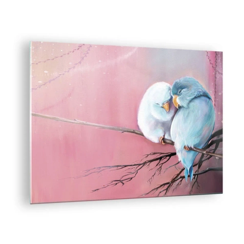 Impression sur verre - Image sur verre - Deux tourtereaux assis sur une branche sur fond rose - 70x50cm - Que dire de plus?... - Décoration murale moderne pour le salon et la chambre ARTTOR