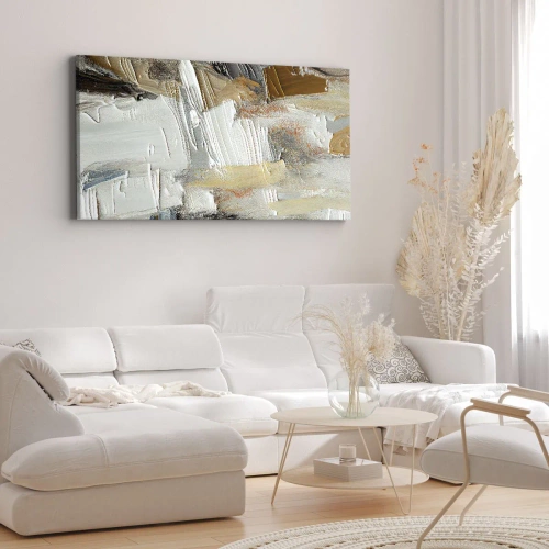 Impression sur toile - Image sur toile - Abstraction texturale dans des tons terre et blanc - 140x50cm - Couches colorées - Décoration murale moderne pour le salon et la chambre ARTTOR