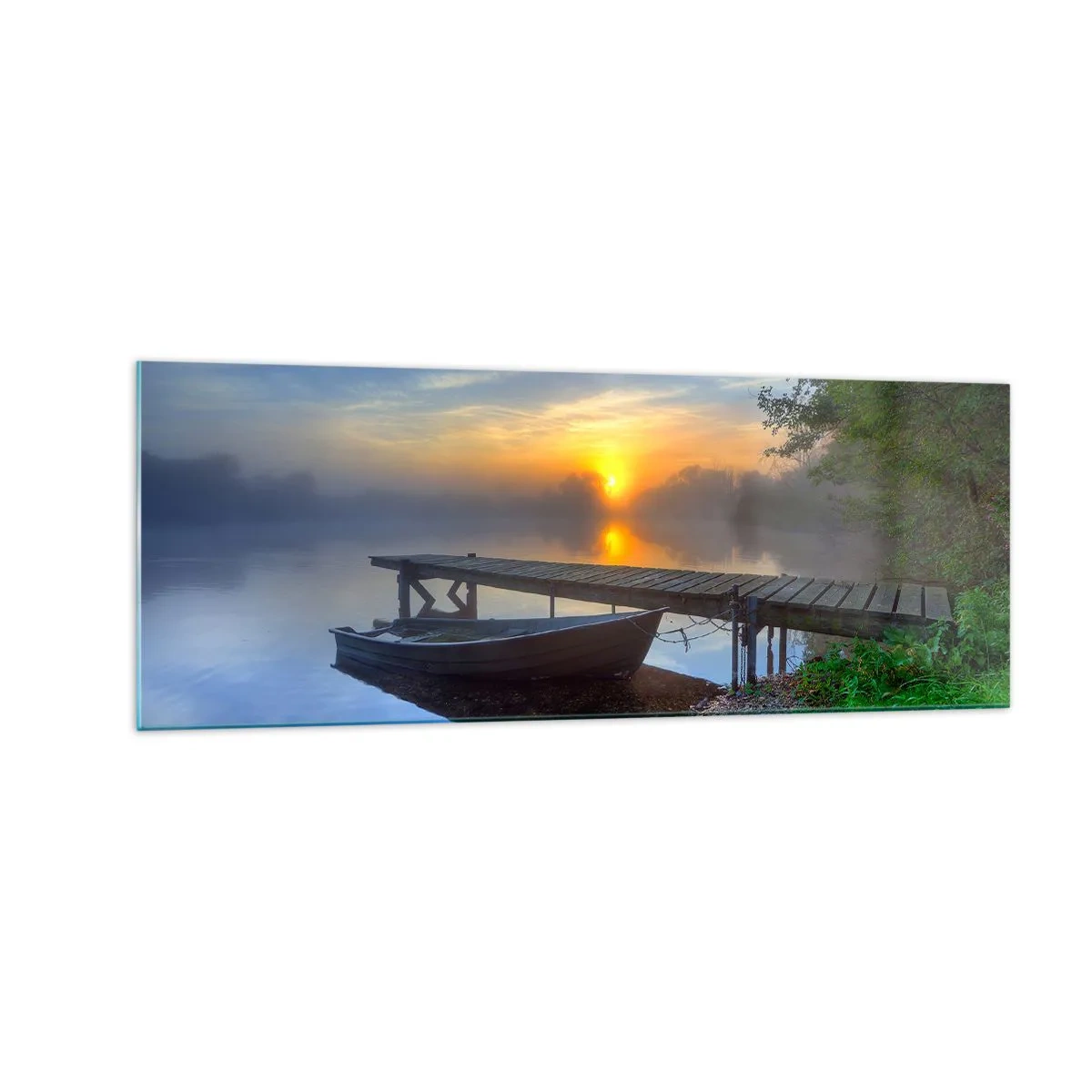Impression sur verre - Image sur verre - Une jetée au bord du lac au lever du soleil avec un bateau sur le rivage - 140x50cm - Comment l'ordinaire se transforme en magie - Décoration murale moderne pour le salon et la chambre ARTTOR