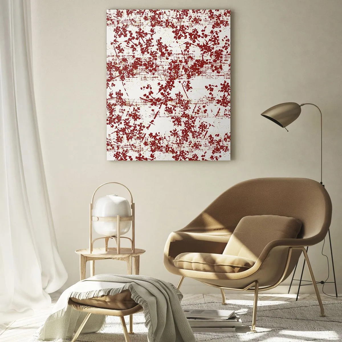 Impression sur verre - Image sur verre - Un motif floral en rouge sur un fond clair et vieilli - 50x70cm - Comme un calicot ancien - Décoration murale moderne pour le salon et la chambre ARTTOR