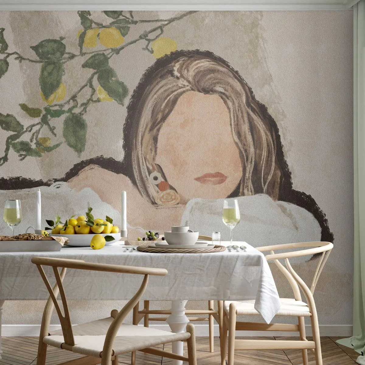 Papier Peint Photo Premium Sand - La beauté du sud - Femme, Citrons, Minimalisme - 100x70 cm