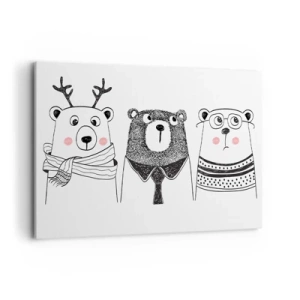 Impression sur toile - Image sur toile - Trois ours rigolos dans un style minimaliste - 100x70cm - Ours en peluche, petit ours en peluche et doudou - Décoration murale moderne pour le salon et la chambre ARTTOR