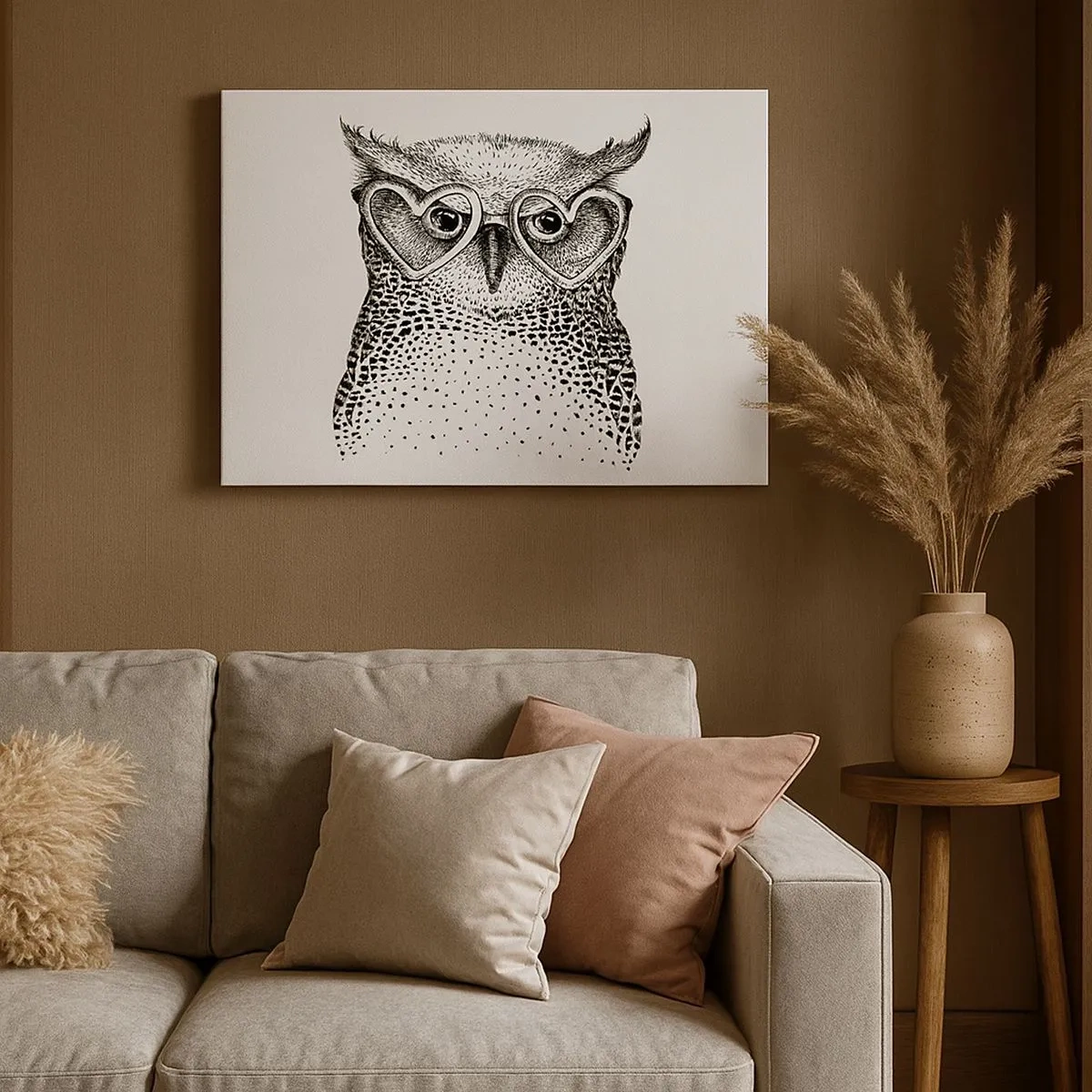 Impression sur toile - Image sur toile - Graphique élégant d'un hibou portant des lunettes en forme de cœur - 70x50cm - Sagement et avec amour - Décoration murale moderne pour le salon et la chambre ARTTOR