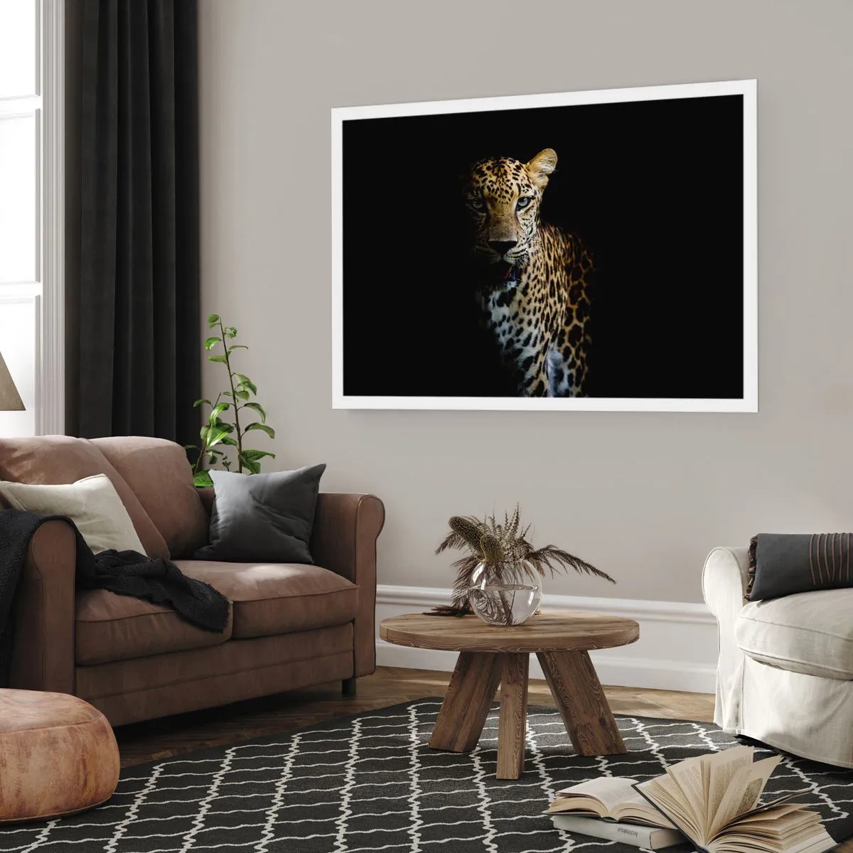 Affiche - Poster - Un léopard sur fond sombre avec un regard intense - 100x70cm - Beauté sombre - Décoration murale moderne pour le salon et la chambre ARTTOR