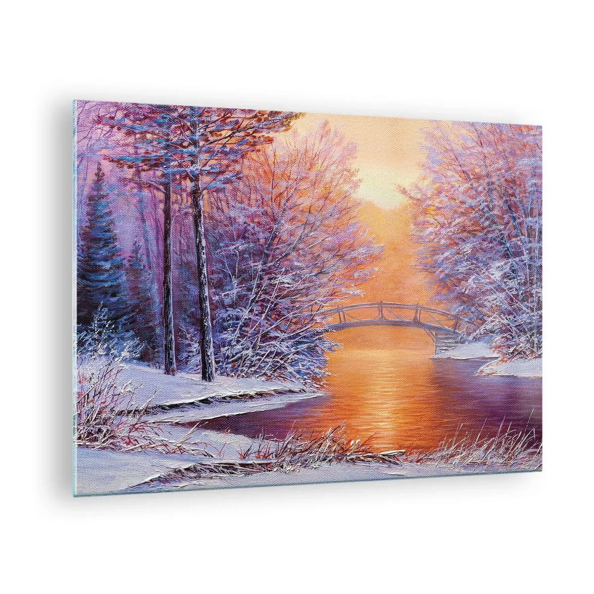 Impression sur verre - Image sur verre - Paysage d'hiver avec un pont et des arbres enneigés au coucher du soleil - 70x50cm - On se rencontre ici - Décoration murale moderne pour le salon et la chambre ARTTOR