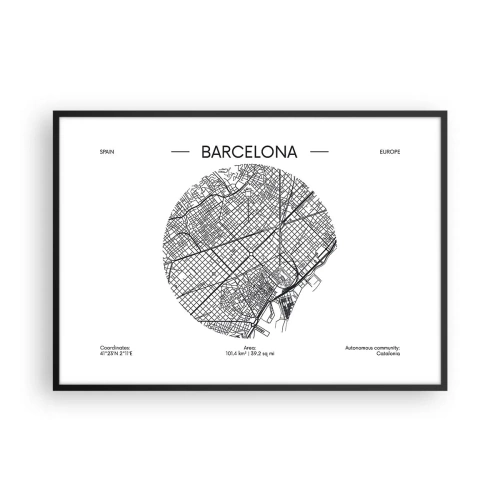 Affiche dans un cadre noir - Poster - Une carte de Barcelone dans un style minimaliste en noir et blanc - 100x70cm - Anatomie de Barcelone - Décoration murale moderne pour le salon et la chambre ARTTOR