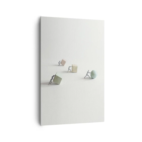Impression sur toile - Image sur toile - Figurines miniatures poussant des formes sur un fond clair - 80x120cm - Rien que la vie - Décoration murale moderne pour le salon et la chambre ARTTOR