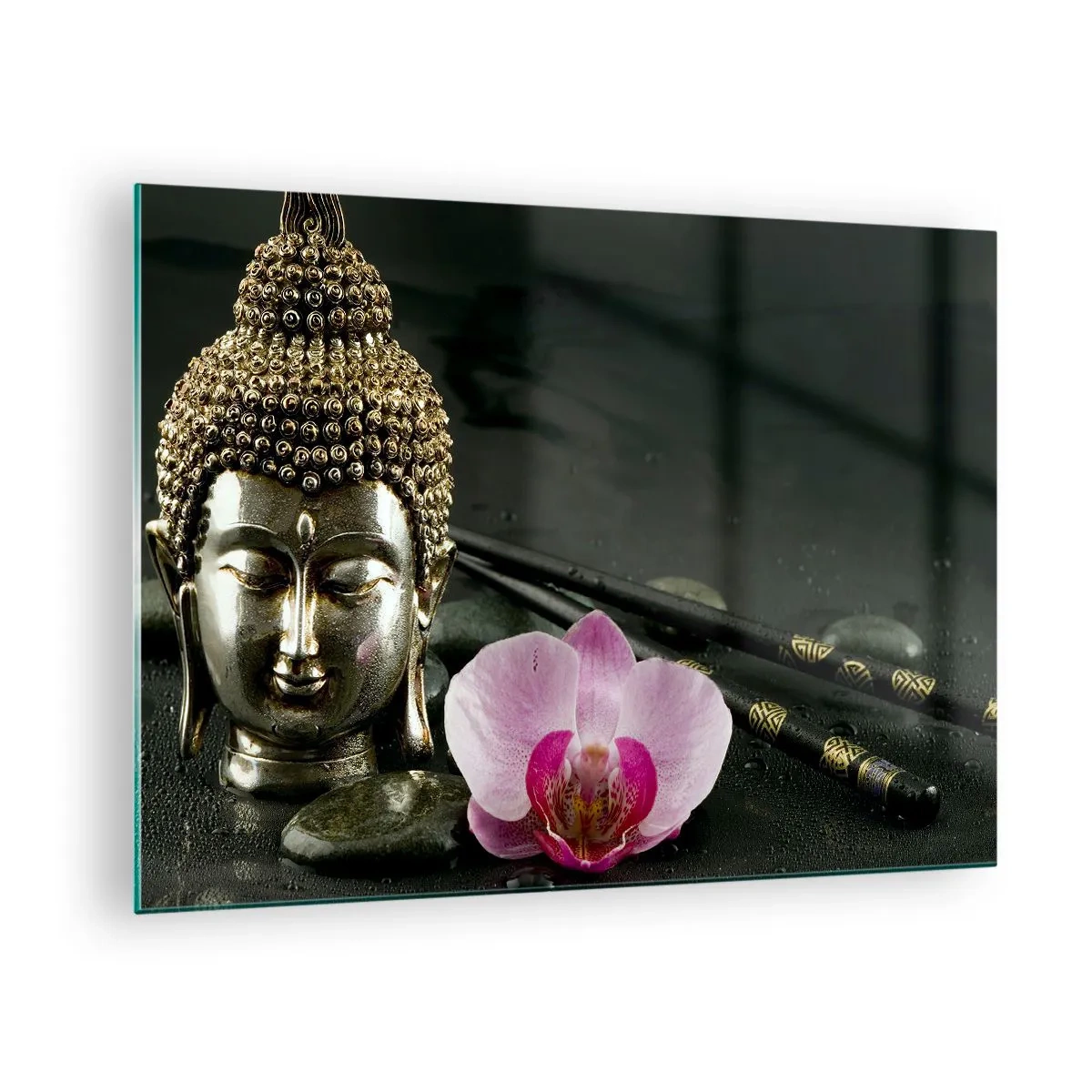 Impression sur verre - Image sur verre - Tête bouddhiste avec une fleur rose sur un fond de pierres - 70x50cm - Harmonie de la sagesse et de la beauté - Décoration murale moderne pour le salon et la chambre ARTTOR