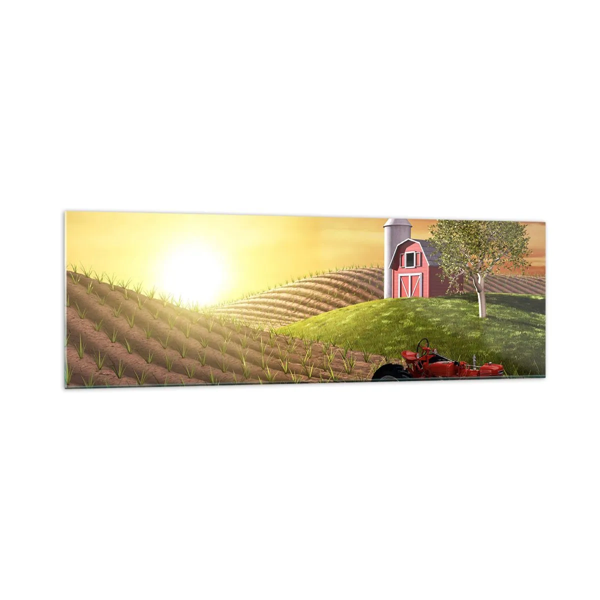 Impression sur verre - Image sur verre - Paysage rural avec une grange rouge, un tracteur et un lever de soleil - 160x50cm - Une ferme comme dans un conte de fées - Décoration murale moderne pour le salon et la chambre ARTTOR