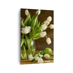 Impression sur toile - Image sur toile - Un bouquet de tulipes blanches dans un vase en verre avec des pommes vertes - 80x120cm - Juteux et frais en vert et blanc - Décoration murale moderne pour le salon et la chambre ARTTOR