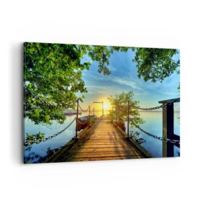 Impression sur toile - Image sur toile - Une jetée sur le lac dans les rayons du soleil couchant - 120x80cm - L'ouest au-dessus de l'eau - Décoration murale moderne pour le salon et la chambre ARTTOR