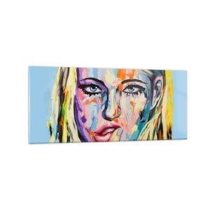 Impression sur verre - Image sur verre - Portrait coloré d'une femme dans un style abstrait - 120x50cm - Regarde-la droit dans les yeux - Décoration murale moderne pour le salon et la chambre ARTTOR