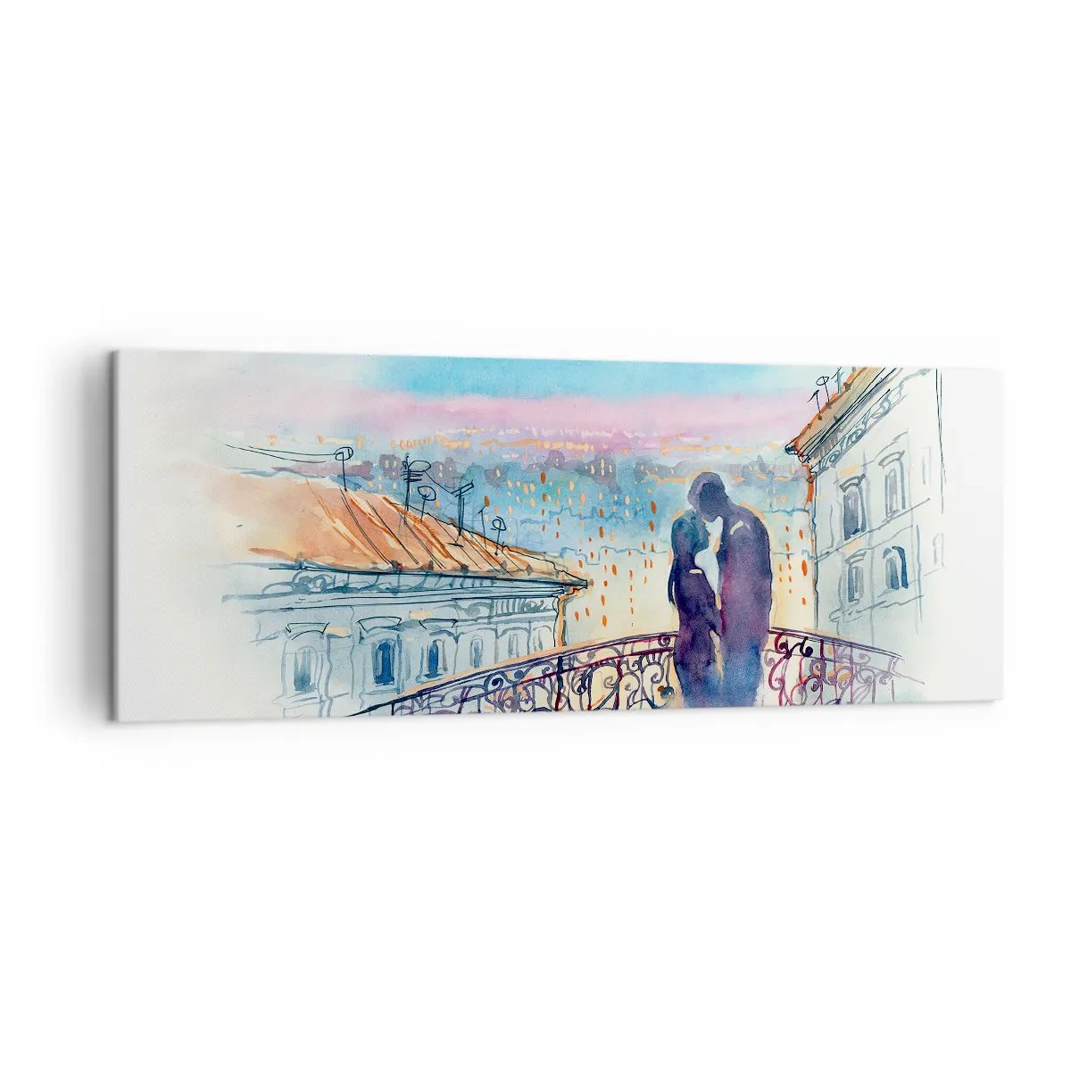Impression sur toile - Image sur toile - Couple romantique sur un balcon avec vue sur la ville - 140x50cm - Amoureux de Paris - Décoration murale moderne pour le salon et la chambre ARTTOR