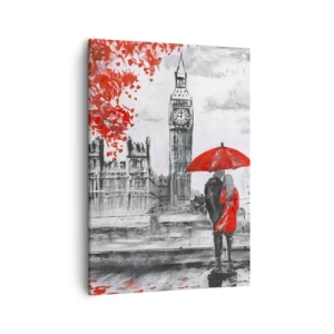 Impression sur toile - Image sur toile - Scène romantique avec Big Ben et un parapluie rouge - 50x70cm - Amoureux de Londres - Décoration murale moderne pour le salon et la chambre ARTTOR