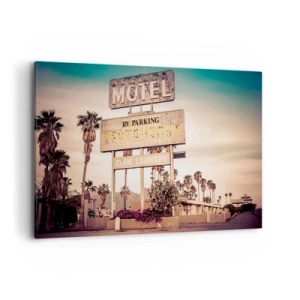 Impression sur toile - Image sur toile - Panneau de motel rétro entouré de palmiers - 120x80cm - Ici, le temps s'est arrêté - Décoration murale moderne pour le salon et la chambre ARTTOR