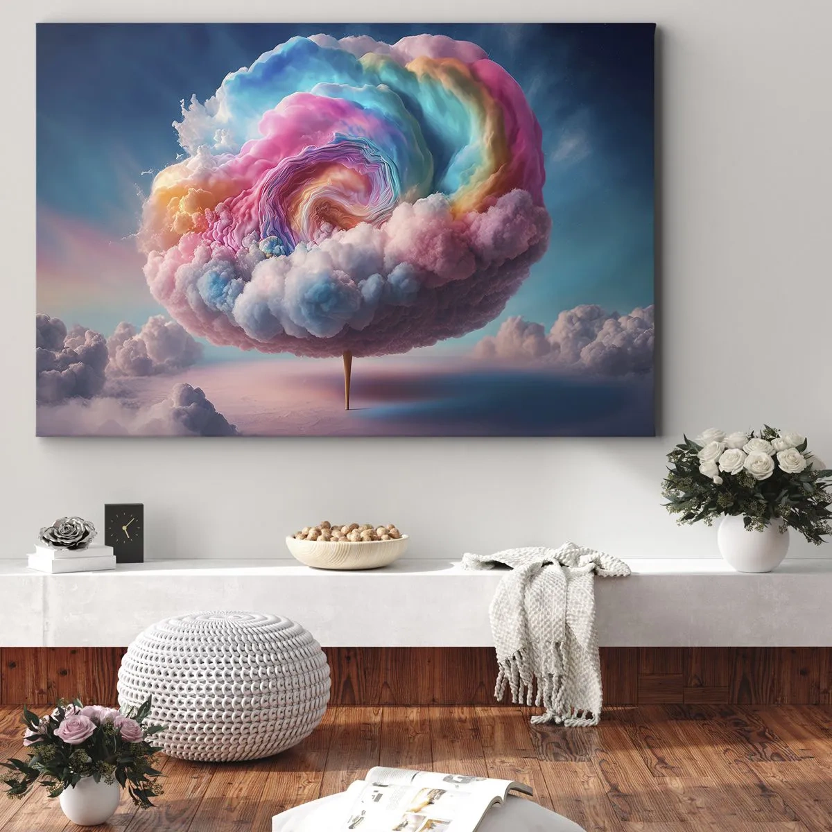 Impression sur toile - Image sur toile - Un nuage en forme de spirale aux couleurs pastel dans le ciel - 70x50cm - Le rêve d'un parc d'attractions - Décoration murale moderne pour le salon et la chambre ARTTOR