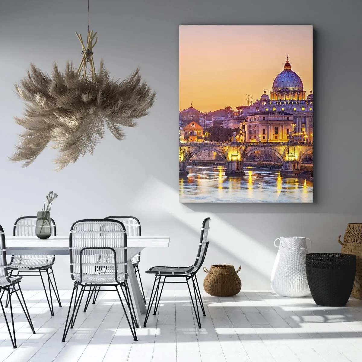 Impression sur toile - Image sur toile - Panorama du Vatican au coucher du soleil avec un pont sur la rivière - 70x100cm - Coucher de soleil sur la ville éternelle - Décoration murale moderne pour le salon et la chambre ARTTOR