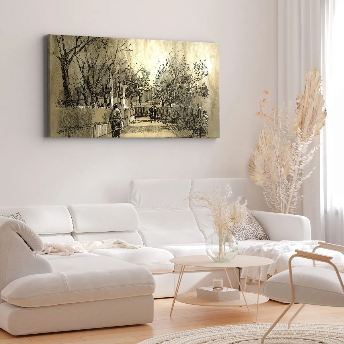 Impression sur toile - Image sur toile - Une scène de dessin animé d'un parc avec des gens marchant dans des tons chauds. - 120x50cm - Un moment arrêté avec une plume - Décoration murale moderne pour le salon et la chambre ARTTOR