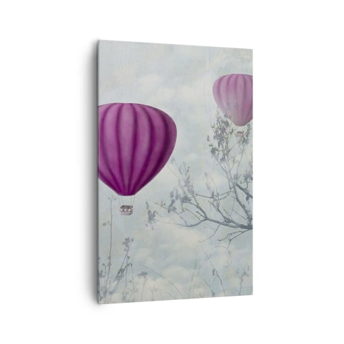 Impression sur toile - Image sur toile - Des ballons violets flottant au-dessus des arbres dans les nuages - 80x120cm - Comme des navires dans le ciel - Décoration murale moderne pour le salon et la chambre ARTTOR