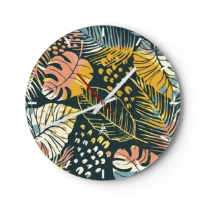 Horloge murale - Pendule murale - Motif de feuilles tropicales colorées sur fond sombre - 30x30cm - Fantaisie feuillue - Décoration murale moderne pour le salon, la cuisine et la chambre ARTTOR