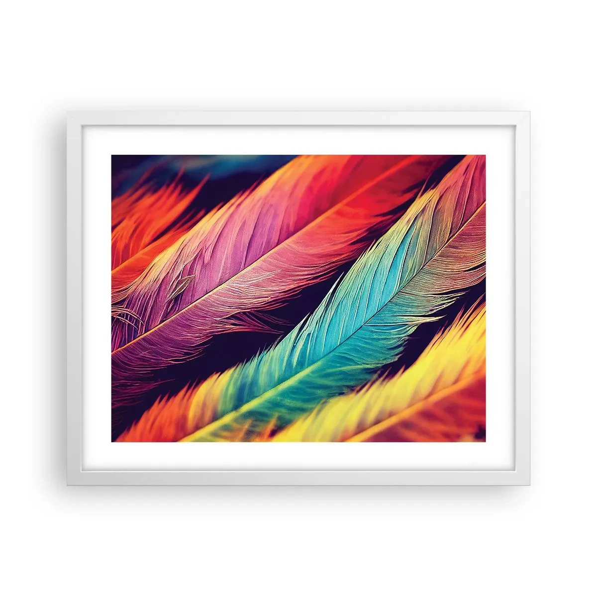 Affiche dans un cadre blanc - Poster - Arc-en-ciel de plumes - 50x40 cm