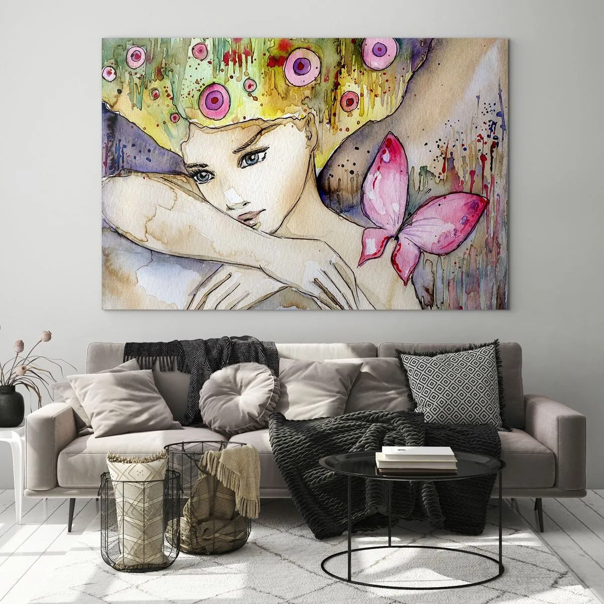 Impression sur verre - Image sur verre - Portrait d'une femme avec une coiffure colorée et un papillon à l'aquarelle - 70x50cm - La princesse papillon - Décoration murale moderne pour le salon et la chambre ARTTOR