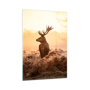 Impression sur verre - Image sur verre - Cerf sur fond de lever de soleil dans un paysage naturel - 50x70cm - Seigneur du domaine - Décoration murale moderne pour le salon et la chambre ARTTOR
