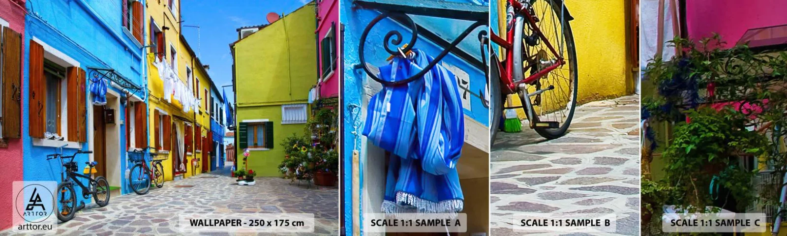 Échantillon de Papier Peint Autocollant Deluxe Sticker - Pastel, douce ruelle - Ville, Vélos, Ruelle - 100x30 cm