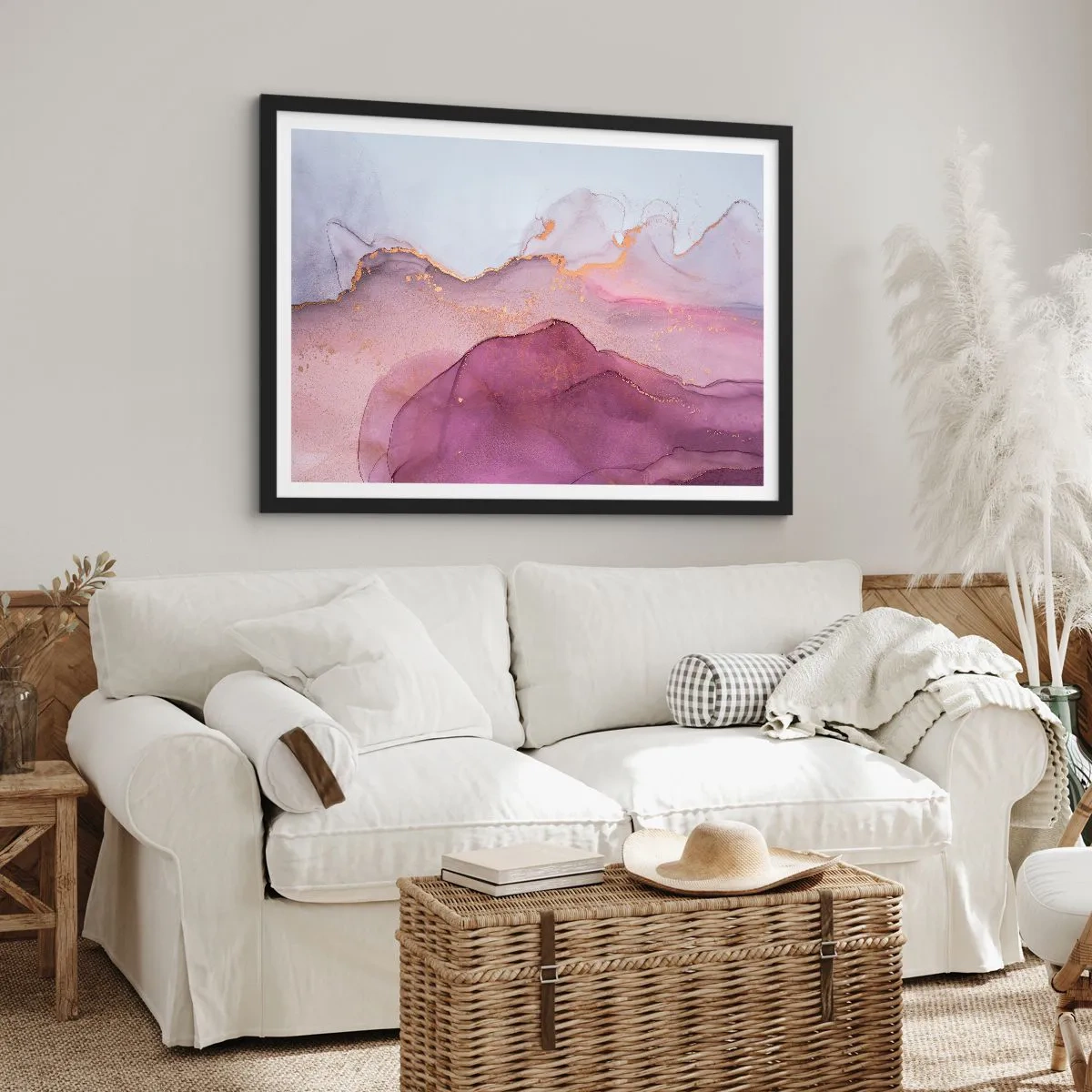 Affiche dans un cadre noir - Poster - Une composition abstraite dans des tons de violet et d'or. - 100x70cm - Vagues lilas et violettes - Décoration murale moderne pour le salon et la chambre ARTTOR