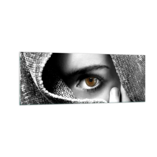 Impression sur verre - Image sur verre - Portrait d'une femme à l'oeil ambré recouvert d'un tissu aux tons gris. - 140x50cm - Apprenez le secret - Décoration murale moderne pour le salon et la chambre ARTTOR