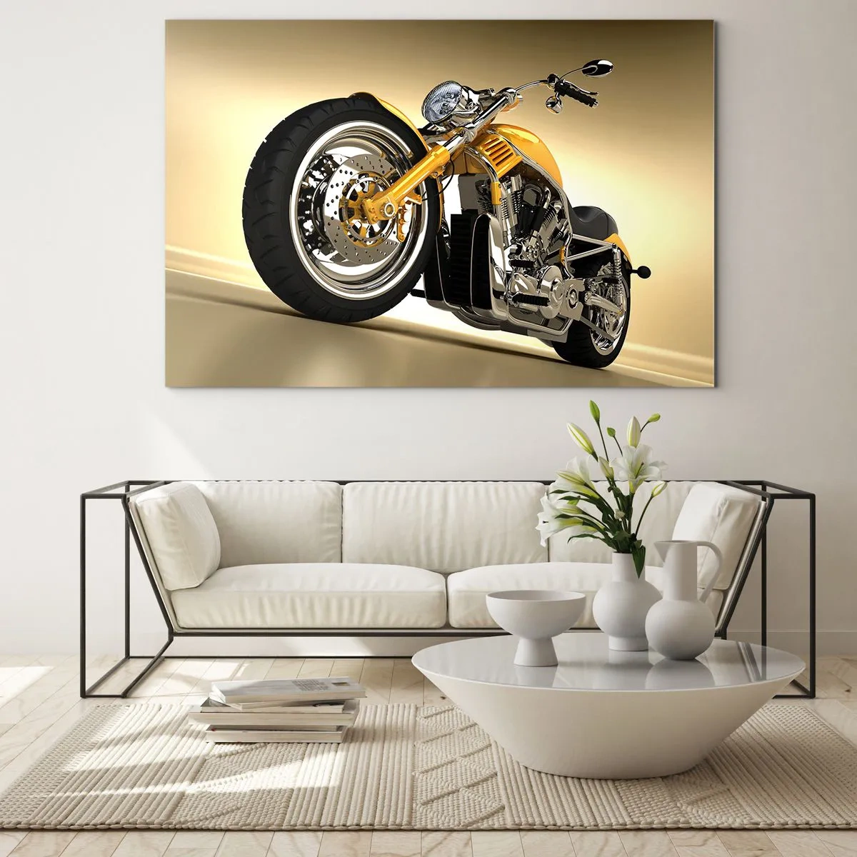 Impression sur verre - Image sur verre - Une moto customisée dorée sur fond clair - 100x70cm - Un rêve de force et de vitesse - Décoration murale moderne pour le salon et la chambre ARTTOR