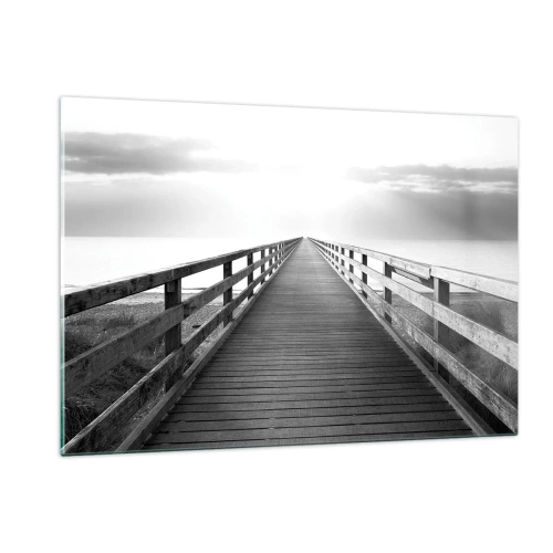 Impression sur verre - Image sur verre - Un pont en bois menant vers l'horizon en noir et blanc - 120x80cm - A perte de vue... - Décoration murale moderne pour le salon et la chambre ARTTOR