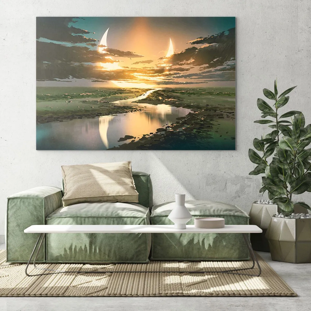 Impression sur verre - Image sur verre - Un paysage fantastique avec une double lune sur la rivière - 120x80cm - Quelque part dans une galaxie lointaine, très lointaine - Décoration murale moderne pour le salon et la chambre ARTTOR