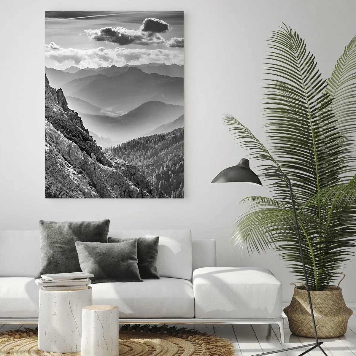 Impression sur verre - Image sur verre - Paysage de montagne en noir et blanc avec des nuages au-dessus des sommets - 70x100cm - Jusqu'à l'horizon - Décoration murale moderne pour le salon et la chambre ARTTOR