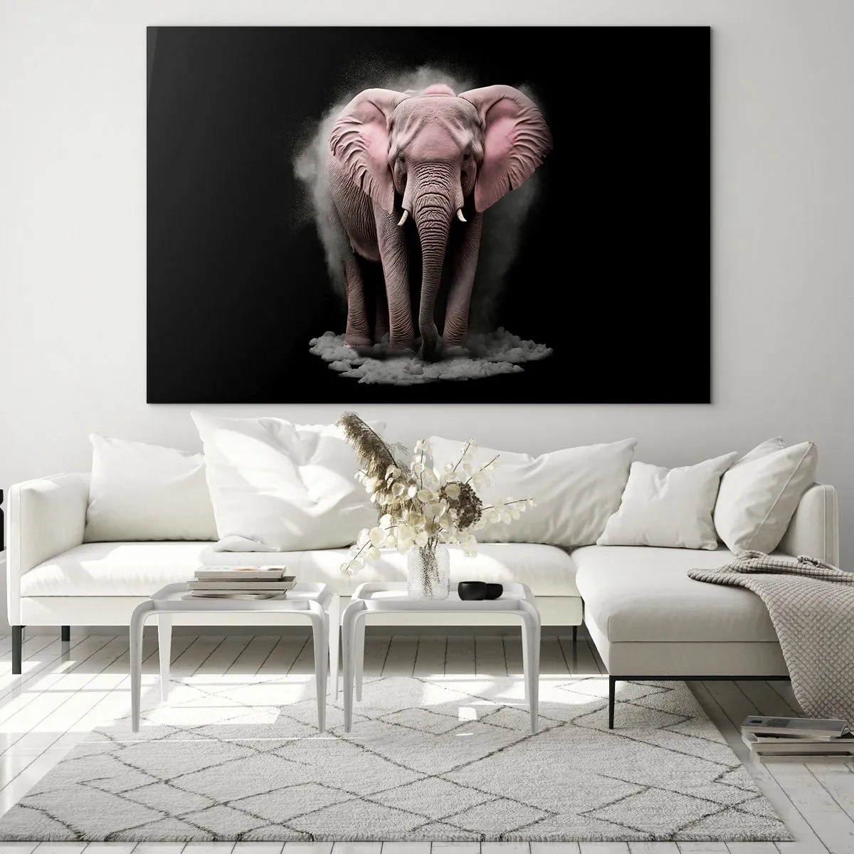 Impression sur verre - Image sur verre - Un éléphant rose sur fond noir entouré d'un nuage de poussière. - 70x50cm - Ne pensez pas à un éléphant rose ! - Décoration murale moderne pour le salon et la chambre ARTTOR