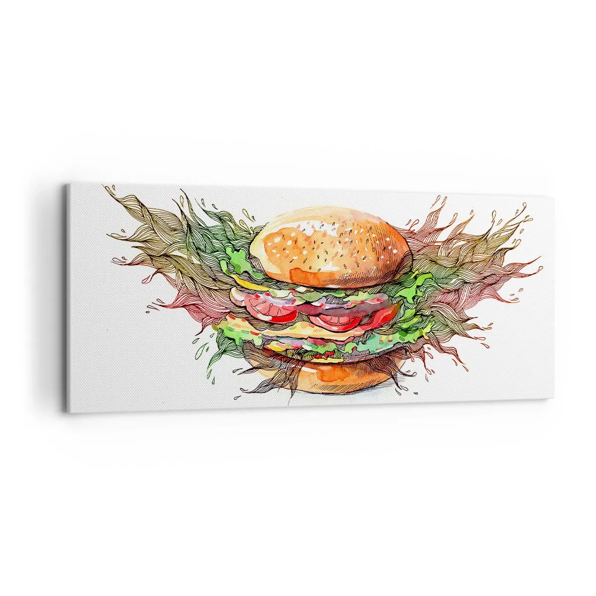 Impression sur toile - Image sur toile - Illustration artistique d'un burger avec des éléments dynamiques - 120x50cm - Tentation chaude - Décoration murale moderne pour le salon et la chambre ARTTOR