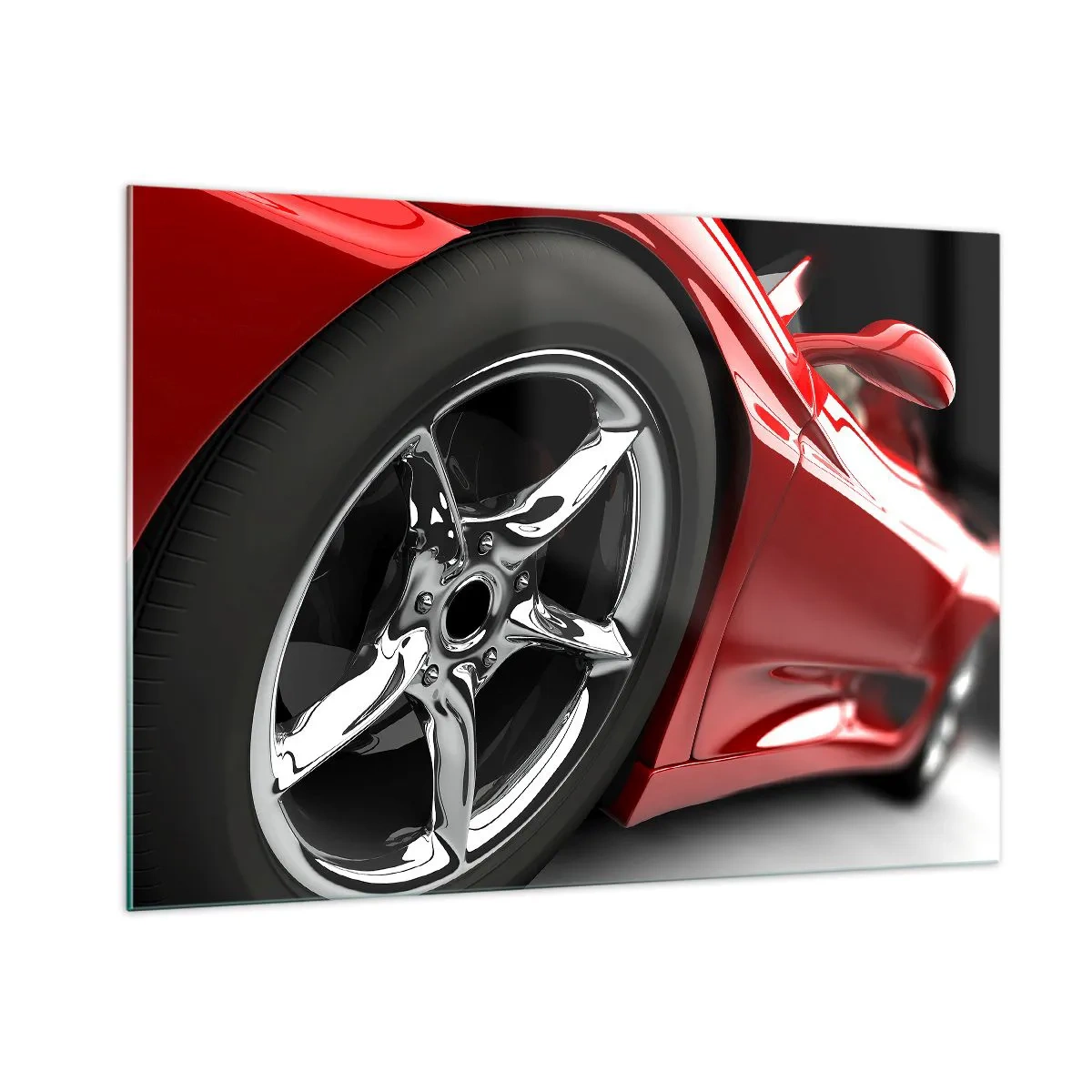 Impression sur verre - Image sur verre - Détail d'une voiture de sport rouge avec une jante chromée - 100x70cm - Conçu pour la vitesse - Décoration murale moderne pour le salon et la chambre ARTTOR