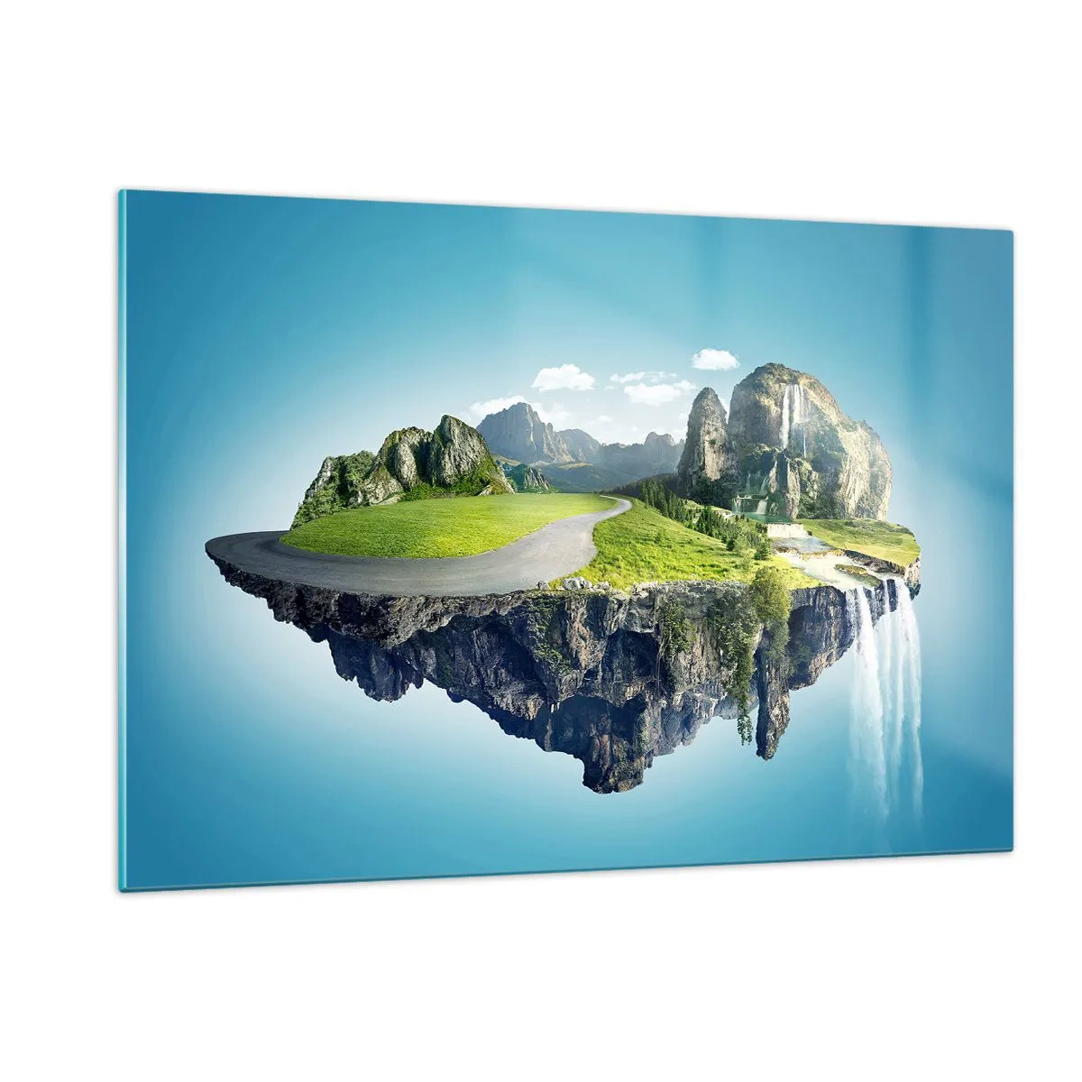 Impression sur verre - Image sur verre - Une île flottante avec des montagnes, une cascade et de la verdure - 120x80cm - Île fantastique - Décoration murale moderne pour le salon et la chambre ARTTOR