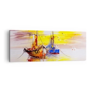 Impression sur toile - Image sur toile - Une scène picturale de bateaux sur une mer calme - 140x50cm - Un repos bien mérité au port - Décoration murale moderne pour le salon et la chambre ARTTOR