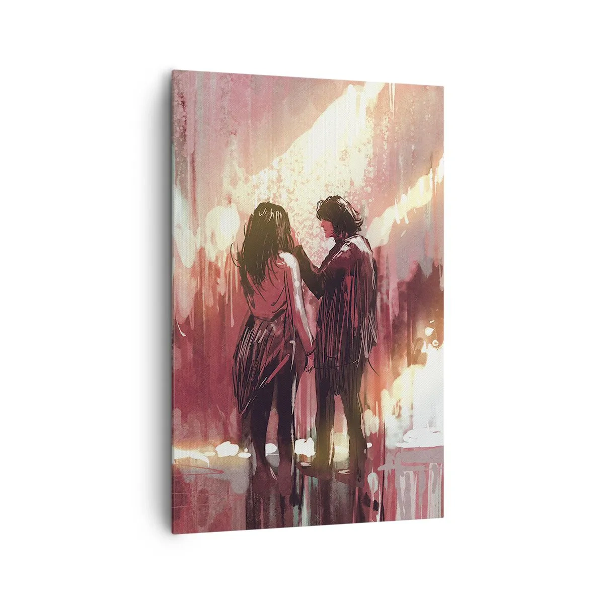 Impression sur toile - Image sur toile - Un couple debout dans une lumière chaude sur fond de motifs abstraits - 80x120cm - L'éternel spectacle de l'amour - Décoration murale moderne pour le salon et la chambre ARTTOR