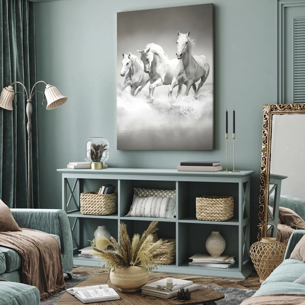Impression sur toile - Image sur toile - Trois chevaux blancs galopant dans l'eau - 50x70cm - La folie blanche - Décoration murale moderne pour le salon et la chambre ARTTOR