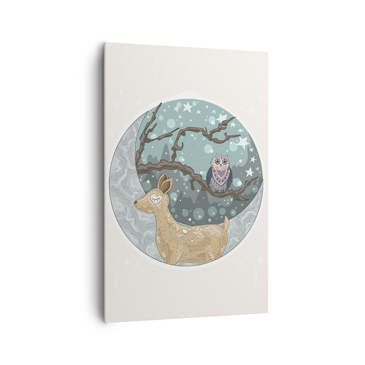 Impression sur toile - Image sur toile - Un cerf et un hibou dans un paysage nocturne de conte de fées - 80x120cm - Une nuit de conte de fées en forêt - Décoration murale moderne pour le salon et la chambre ARTTOR