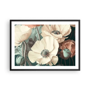 Affiche dans un cadre noir - Poster - Fleurs élégantes aux tons pastel sur fond vert - 70x50cm - Le murmure des coquelicots - Décoration murale moderne pour le salon et la chambre ARTTOR